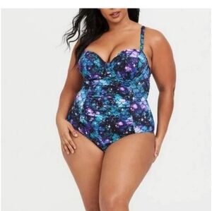 Torrid Blue Mermaid Slim Fix Underwire Strappy Back One Piece Swimsuit 1R